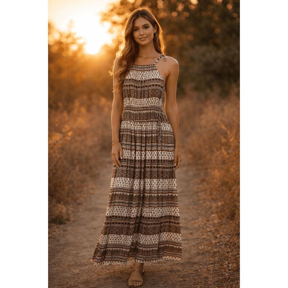 I Love H81 Long Maxi Brown Ivory Pattern Boho Halter Neck Dress Small